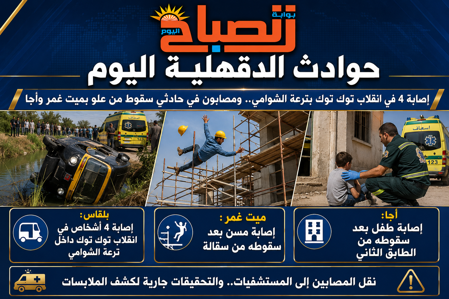 انقلاب توك توك في ترعة بالدقهلية.. إصابة 4 أشخاص وحادثا سقوط من علو يرفعان حصيلة المصابين